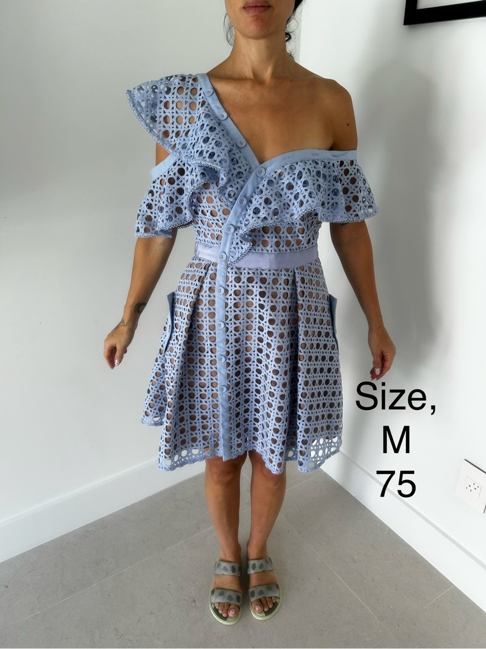Light Blue One-Shoulder Eyelet Fit & Flare Dress